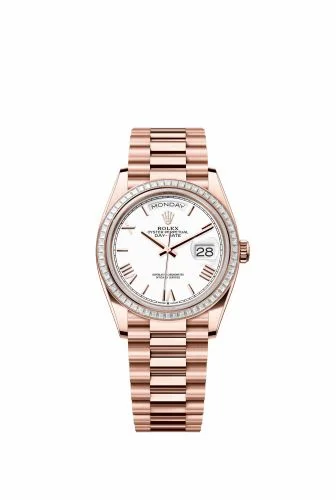 Rolex Day-Date 36 Everose Gold - Baguette / White - Roman / President 128395TBR-0022 (m128395tbr-0022)